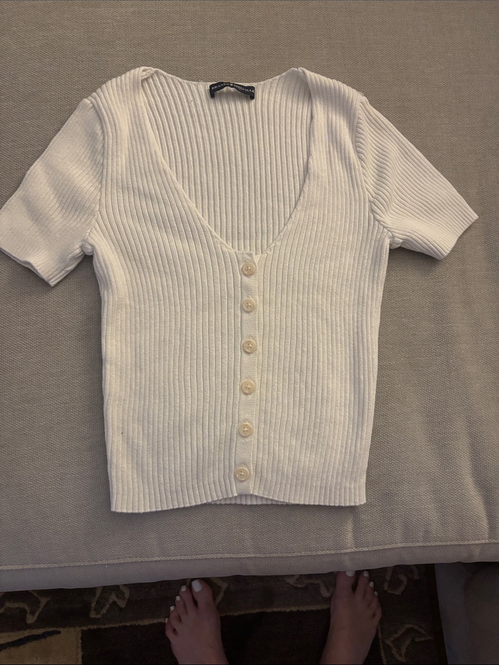 Brandy Melville White Ribbed Button-Front Short Sleeve Top